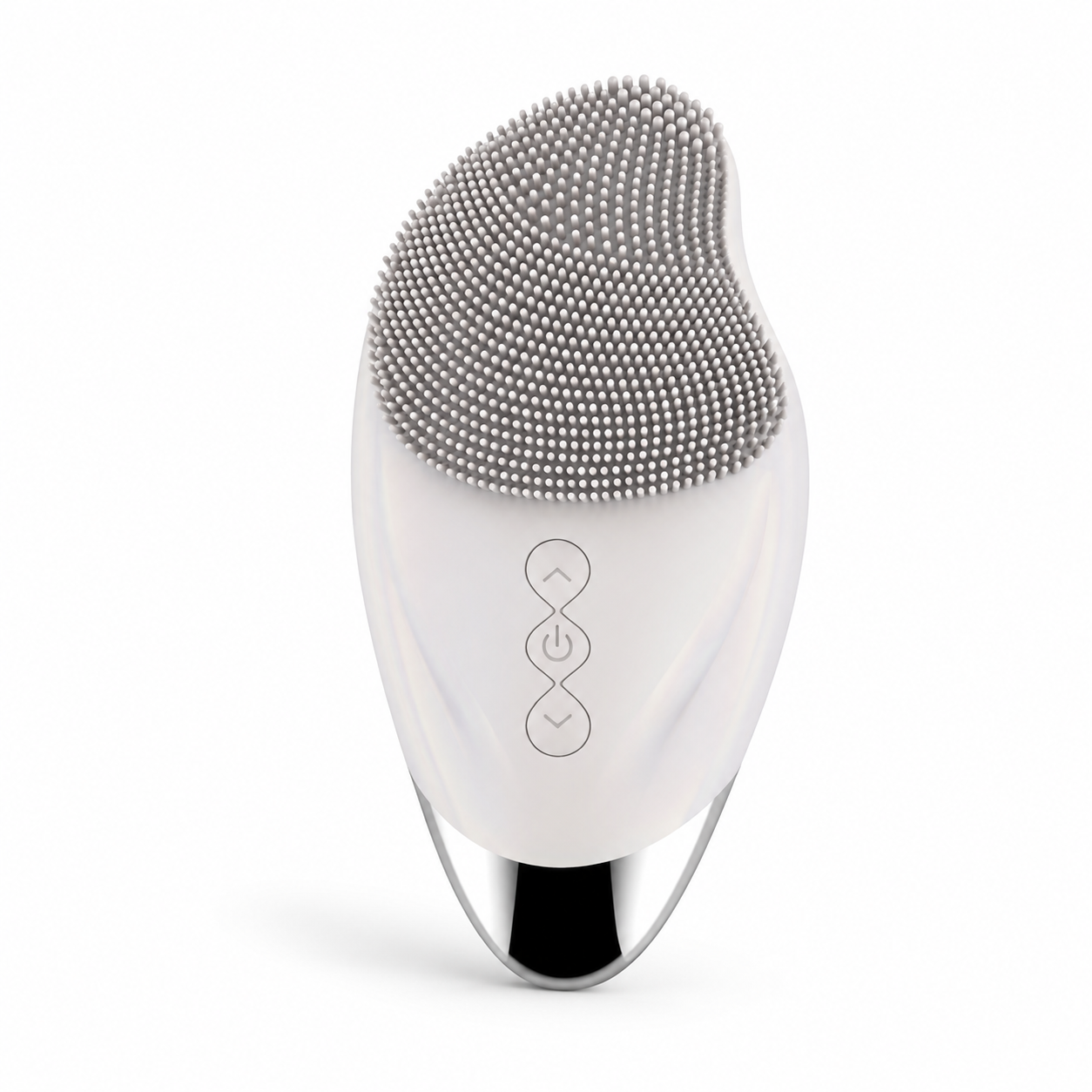 silicone facial cleansing brush with soft textured bristles and chrome accent base displayed on a white background.