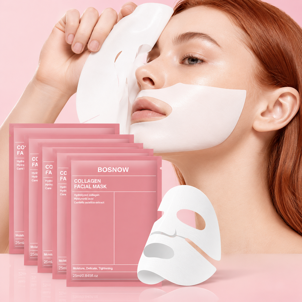 Collagen Facial Mask sheet mask with hydrolyzed collagen, hyaluronic acid and centella asiatica for hydration, firming and glowing skin.