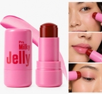 Jelly lip blush stick shown with its pink cap and open pink tube, alongside a pink smear and three close-up panels of a model applying the product to lips and eyes.