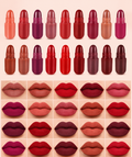 18 shade velvet matte lipstick collection featuring nude, pink, red, berry and plum lip colors with matching lip swatches.