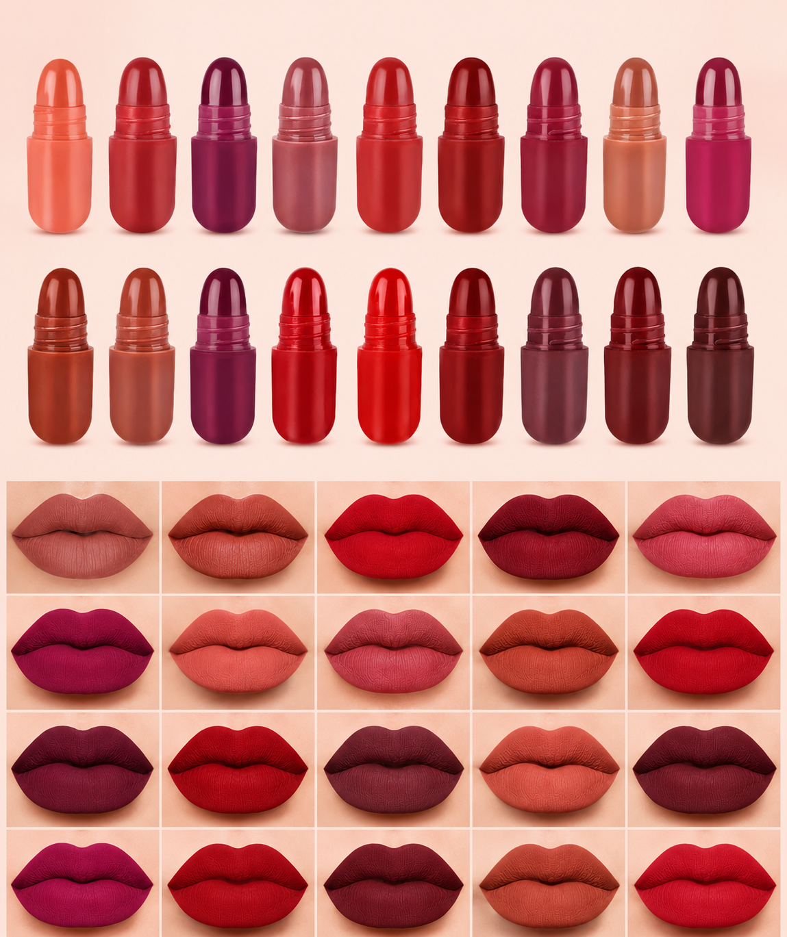 18 shade velvet matte lipstick collection featuring nude, pink, red, berry and plum lip colors with matching lip swatches.