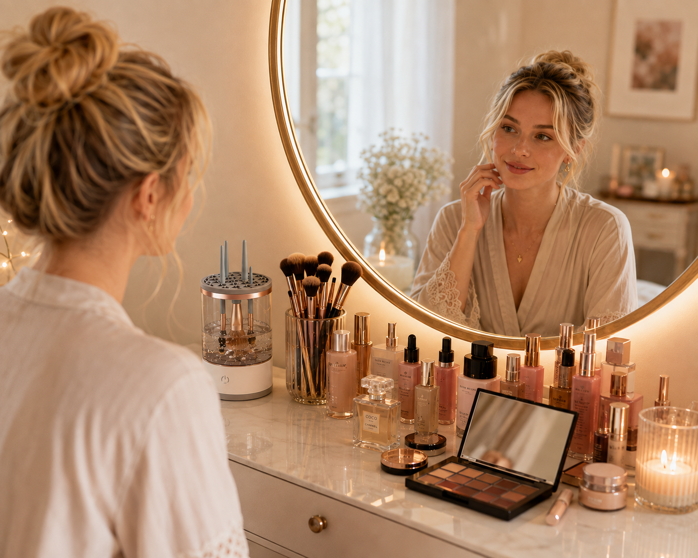 Blonde woman sitting at a vanity mirror with makeup products and an automatic makeup brush cleaner and dryer on a dresser during her beauty routine.