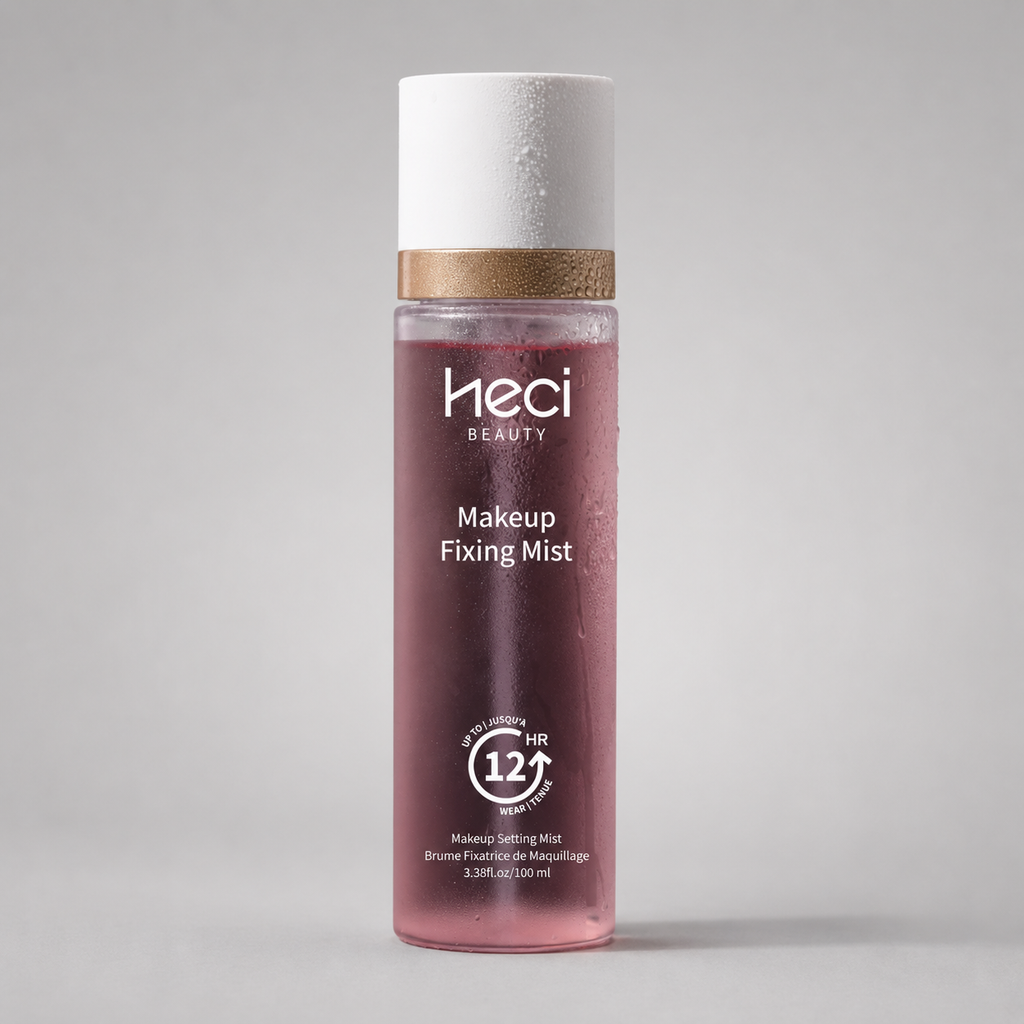 Heci Beauty Makeup Fixing Mist 12 Hour Long Lasting Hydrating Setting Spray applied by model on pink background