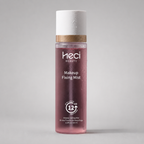 Heci Beauty Makeup Fixing Mist 12 Hour Long Lasting Hydrating Setting Spray applied by model on pink background